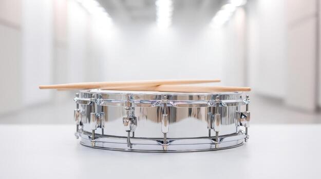 Snare Drum with Drumsticks on White Tabletop in Bright Hallway for Music Promotion photo