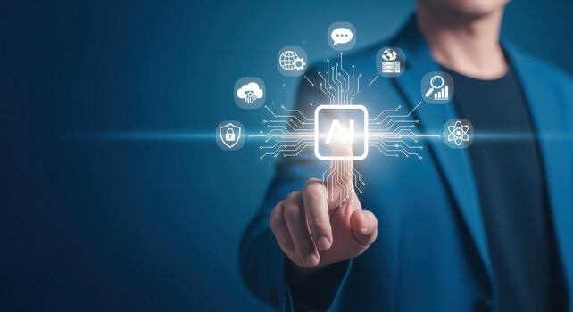 artificial inteligencia concepto hombre interactuando con ai interfaz, explorador digital soluciones y avanzado tecnologías en azul antecedentes foto