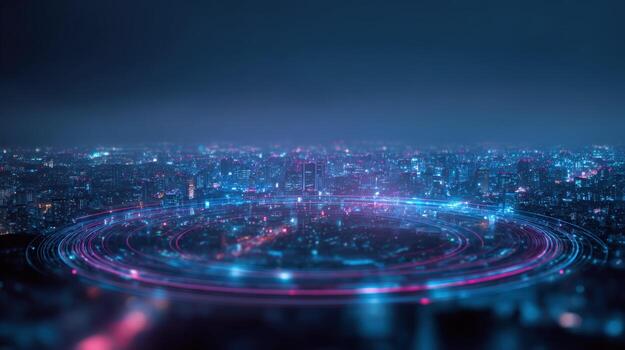 Futuristic Cityscape with Circular Data Streams and Neon Lights, Abstract Technology Visualization photo