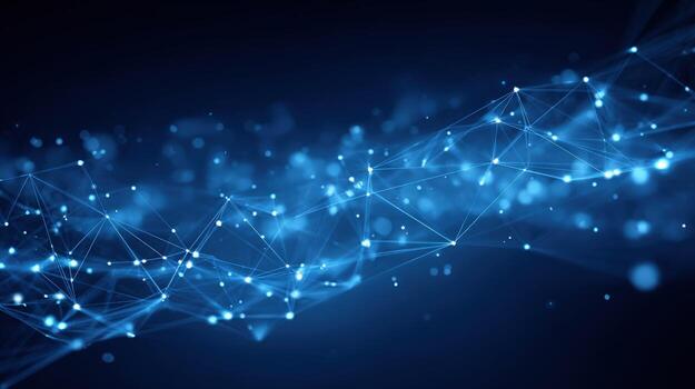 Abstract Network Connection Digital Communication Technology Background with Glowing Nodes and Lines on Dark Blue photo