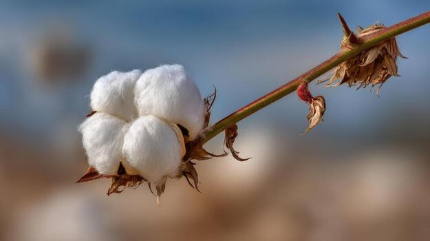 Cotton Boll Close-Up on Branch, Emphasizing Softness and Texture Against a Blurred Background photo