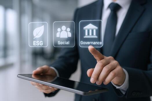 Businessman Selecting Governance Icon on Digital Interface for Ethical and Sustainable Business Practices photo