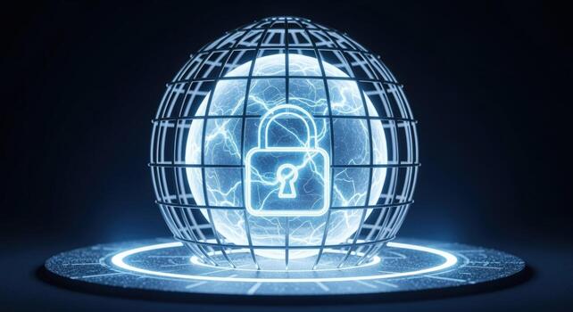 Cybersecurity Concept Digital Globe with Padlock Symbol for Data Protection and Network Security photo