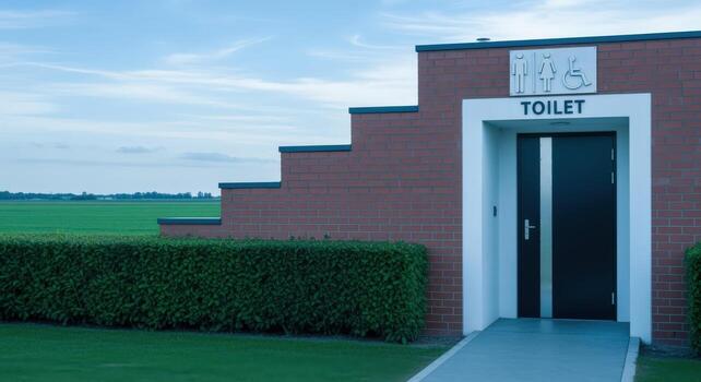 Public Restroom Exterior Featuring Accessibility Ramp and Clear Signage in a Rural Setting photo