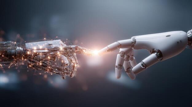 Futuristic Connection Humanoid and Robotic Hands Touching, Representing Artificial Intelligence and the Future of Technology photo