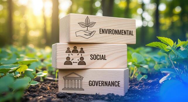 ESG Sustainable Business Practices Concept Wooden Blocks Displaying Environmental, Social, and Governance Principles in Nature photo