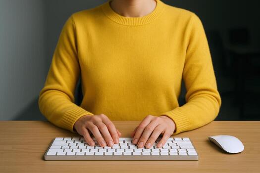Typing on Computer Keyboard Close-up of Hands, Professional Woman in Yellow Sweater at Desk photo