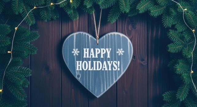 Festive Holiday Heart Ornament on Wood with Evergreen Branches and String Lights for Seasonal Greetings photo