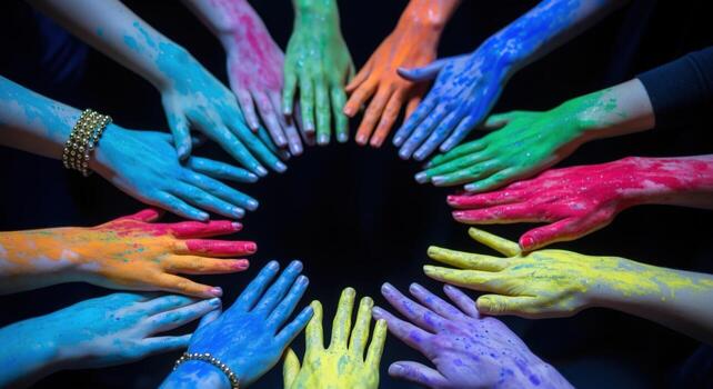 Diverse hands painted in vibrant colors forming a collaborative circle symbolizing unity and creativity photo