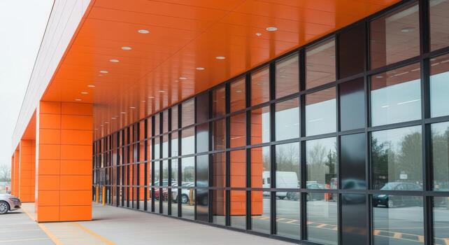 moderno comercial edificio fachada presentando un naranja exterior y grande patrón de cadrícula ventanas reflejando el ambiente foto