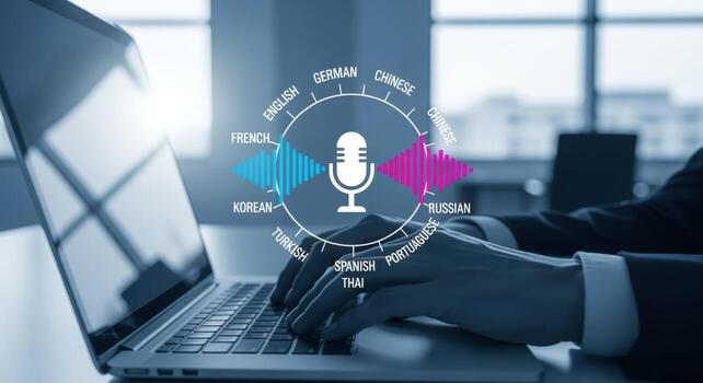 Multilingual Translation Technology Businessman using Laptop with Voice Recognition Software for Global Communication and Language Support photo