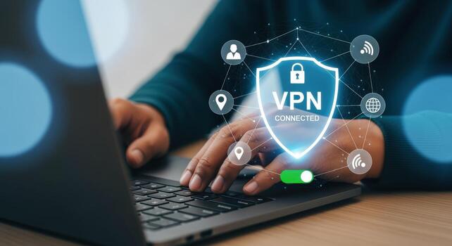 VPN Connection on Laptop Cybersecurity Shield for Online Privacy and Secure Internet Access photo