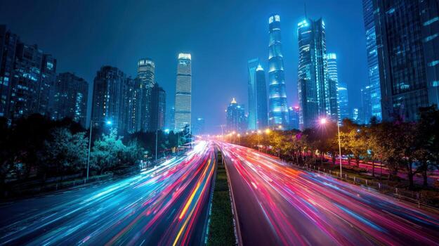 Cityscape Nightscape Capturing Urban Energy with Long Exposure Light Trails and Modern Architecture in a Metropolis photo
