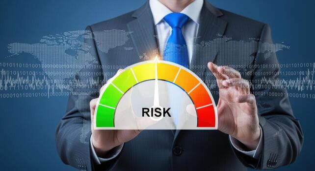 Risk Management Concept Businessman Displaying Risk Level Gauge with World Map Background Representing Global Financial Risk photo