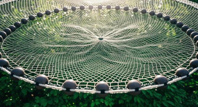 Circular Netting Structure Suspended Above Verdant Greenery, Evoking Safety, Connection and Protection in a Sunny Outdoor Setting photo