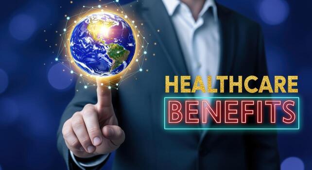 Global Healthcare Benefits Concept Businessman Touching Earth Globe, Representing Worldwide Health Coverage and Employee Wellness Programs photo