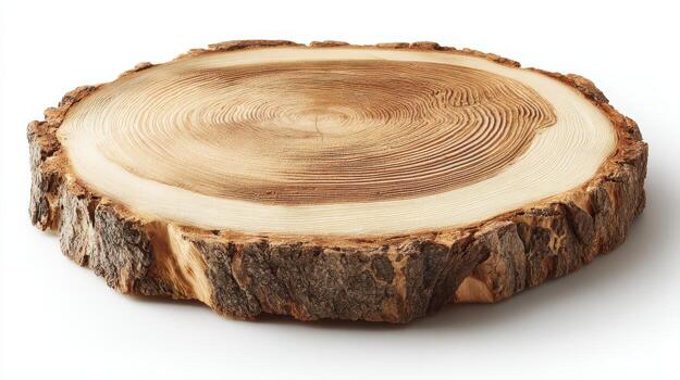 Isolated Natural Wood Slice Showing Tree Rings, Organic Texture, Decoration, and Rustic Design Element on White photo
