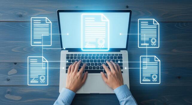 Digital Document Management Laptop with Holographic Files for Efficient Workflow and Secure Data photo