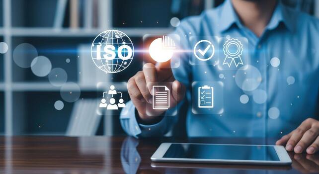 ISO Standards Implementation Man Pointing to Quality Assurance Icons for Business Certification Process photo