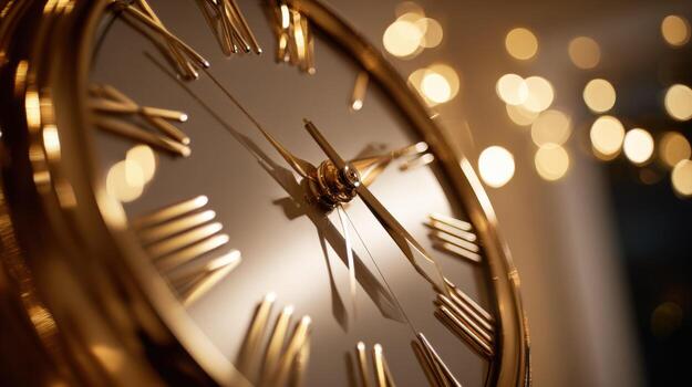 Elegant Gold Clock Face Close-Up with Bokeh Lights Background for Time Management Concepts photo