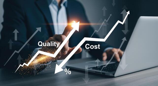 Quality Increase and Cost Reduction Concept Business Professional Analyzing Performance Graphs on Laptop for Optimization photo