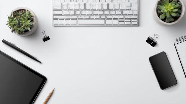 Modern Workspace Flat Lay with Keyboard, Tablet, and Succulents on White Background photo