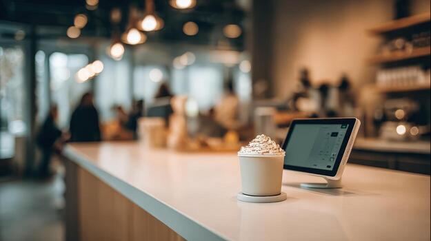 Cafe Latte with Whipped Cream at Restaurant Checkout Counter for Commercial Use photo