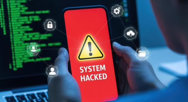 Mobile Device Security Breach Alert System Hacked on Smartphone with Code and Network Icons photo