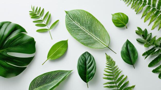 Assorted green leaves of various shapes and sizes, scattered on a white background, flat lay photo