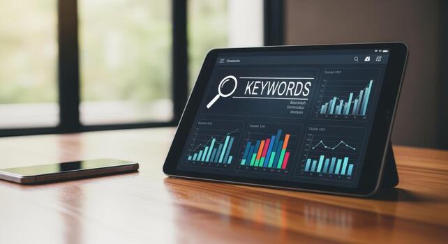 Data Analytics on Tablet Display with Magnifying Glass, Charts, Graphs for Business Strategy photo