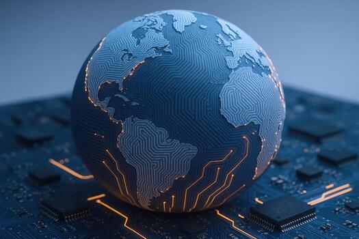 Global Technology Network Digital Earth on Circuit Board with Microchips, Representing Connectivity and Innovation photo