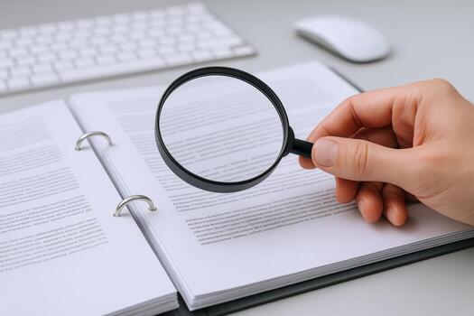 Magnifying Glass Examining Document on Desk with Keyboard and Mouse for Business Analysis photo