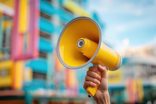 Hand Holding Yellow Megaphone Against Colorful Building Backdrop, Communication Device for Announcements and Public Speaking photo