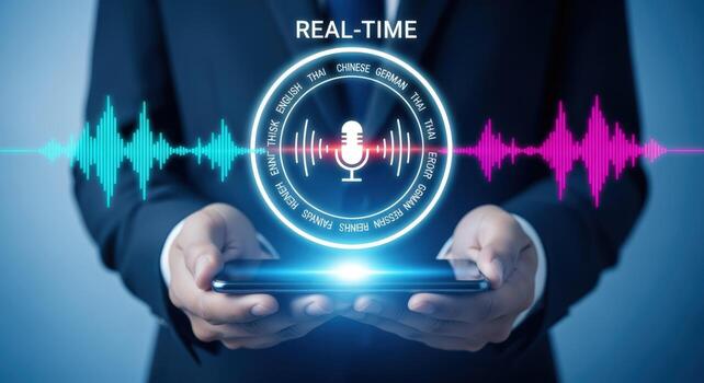 Real-time Translation Technology Concept Businessman Holding Smartphone with Voice Recognition Interface and Global Communication Waves photo