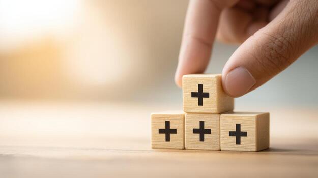 Wooden Blocks Stacked with Plus Sign, Representing Growth, Positive Attitude, Advantage, and Addition Concept photo