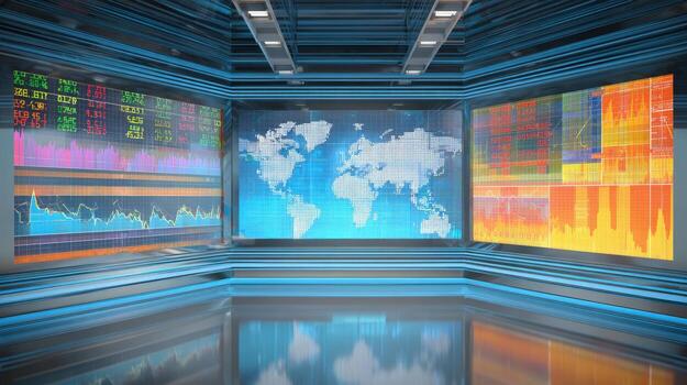 Modern Digital News Studio with World Map Display and Financial Data Graphics for Business Reporting photo