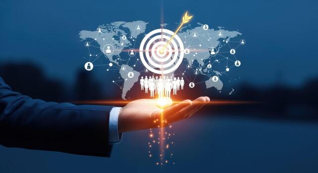 Global Business Strategy Hand Holding Target with World Map and Connected Teamwork Network photo