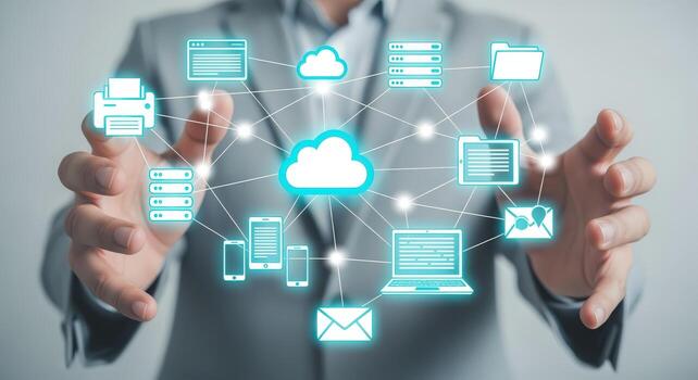 Cloud Computing Network Man Presenting Modern Digital Interface and Cloud Storage Solutions for Business Data photo