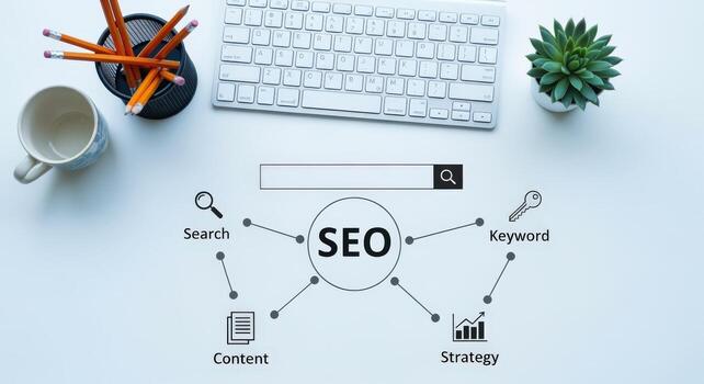 seo concepto con teclado, café, planta y suministros en blanco escritorio para mejoramiento estrategia foto