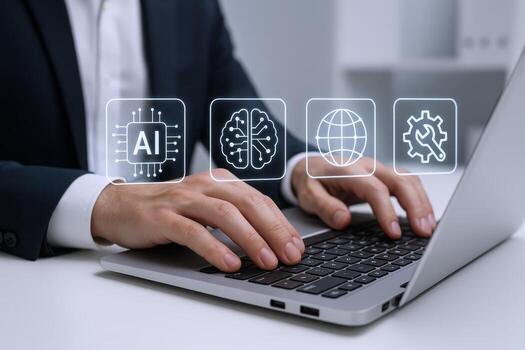 AI Integration Professional Navigating Artificial Intelligence on Laptop for Business Solutions and Digital Transformation Strategies photo