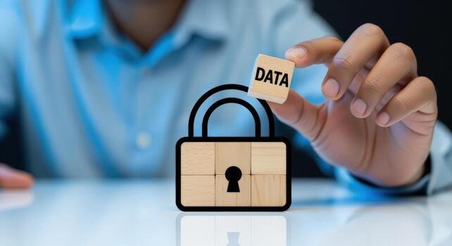 Data Protection Concept Hand Placing Data Block on Padlock for Cybersecurity and Information Security photo