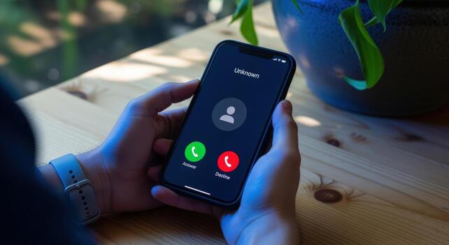 Receiving Unknown Call on Smartphone A Persons Hands Holding a Mobile Phone Displaying Incoming Call photo