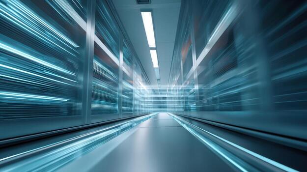 Futuristic Data Center Interior with Server Racks and Neon Lights, Abstract Technology and High Speed Connection photo