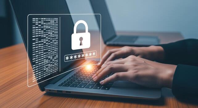 Data Protection Concept Hands Typing Password on Laptop with Security Lock Interface Overlay photo