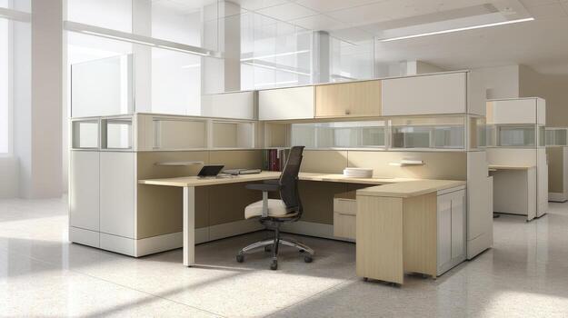 Modern Office Cubicle Interior with Desk and Chair, Designed for Productivity and Collaboration photo