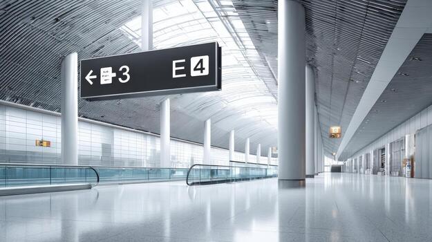 Modern Airport Terminal Interior with Escalators, Guidance Signage, and Sleek Design Elements for Travel Concepts photo