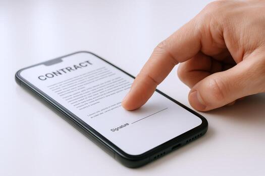 Electronic Signature Hand Pointing to a Smartphone Display with a Contract for Digital Agreement photo