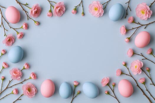 Pastel Easter Arrangement with Eggs and Flowers on Light Blue Background Creating Frame for Text photo