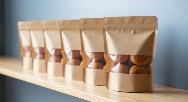 Brown Kraft Stand-Up Pouches Filled with Round Cookies Displayed on Wooden Shelf for Product Mockup photo