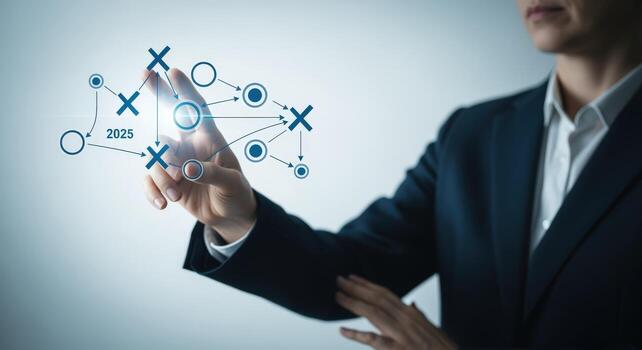 mujer de negocios interactuando con futurista pantalla táctil monitor demostración estrategia plan para 2025, representando negocio inteligencia foto